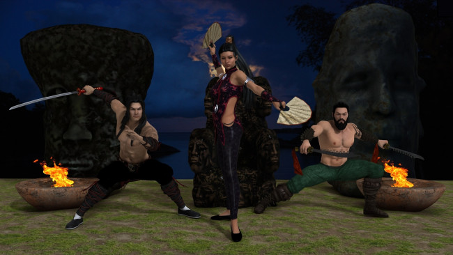 Обои картинки фото 3д графика, фантазия , fantasy, мужчины, оружие, веера, поза, фон, огонь, девушка, взгляд