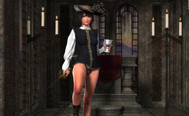 Обои картинки фото 3д графика, люди , people, чаша, шпага, фон, мушкетер, взгляд, девушка, шляпа, свечи