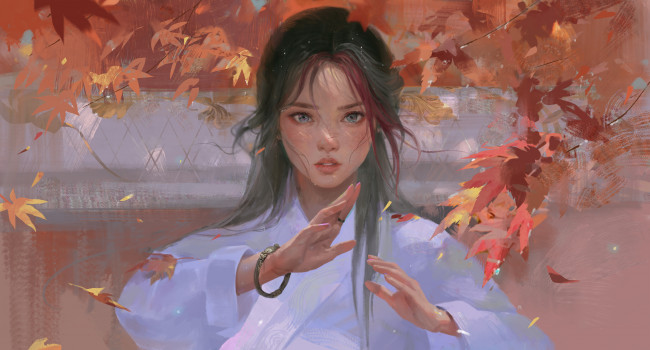 Обои картинки фото рисованное, люди, девушка, в, боевой, стойке, с, браслетом