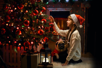 Картинка разное дети девочка собака ёлка камин