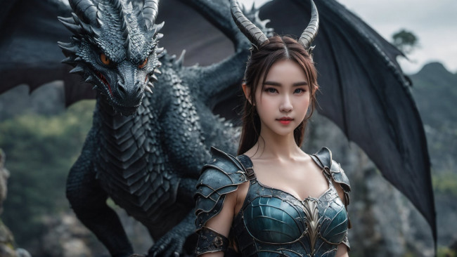 Обои картинки фото 3д графика, фантазия , fantasy, нейросети, графика, нейроарт, ai, art, нейронные, сети, рисунки, нейро, искусство, девушка, дракон