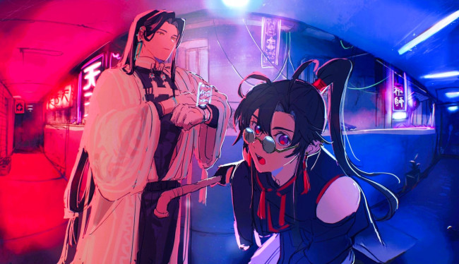 Обои картинки фото аниме, mo dao zu shi, лань, ваннци, вэй, усянь, очки, неон, город