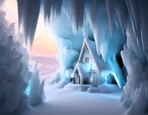 обоя фэнтези, иные миры,  иные времена, дом, лед, пещера, снег