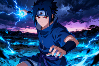 обоя аниме, naruto, учиха, саске, магия, чидори, долина, закат