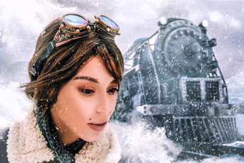 Картинка девушки анна+шаховская образ косплей наряд костюм очки лицо снег зима сибирь паровоз