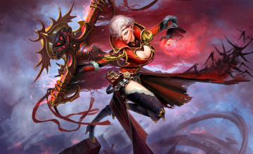 обоя видео игры, ether saga online, девушка, плащ, знамя, магия, город