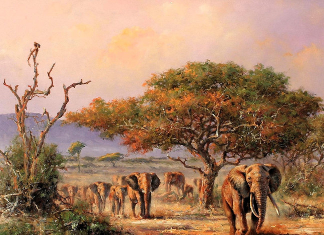Обои картинки фото рисованное, eric forlee, слоны, деревья, саванна