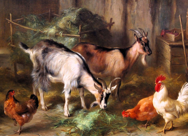 Обои картинки фото рисованное, edgar hunt, козы, куры, петух, сено, сарай