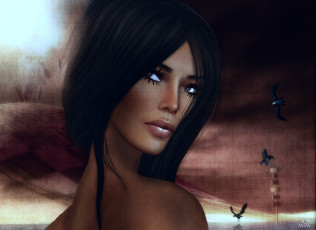 Картинка 3д графика portraits портрет птицы взгляд волосы девушка