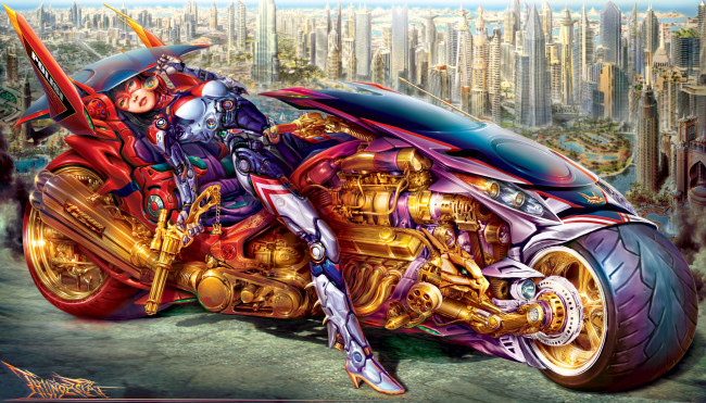 Обои картинки фото фэнтези, девушки, мотоцикл