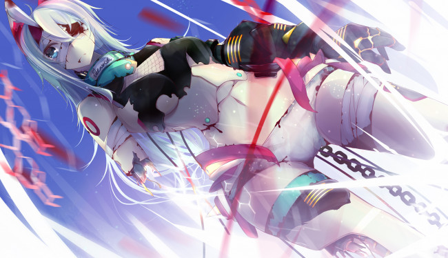 Обои картинки фото by, yotayotayota, аниме, weapon, blood, technology, киборг, девушка, кровь, бинт