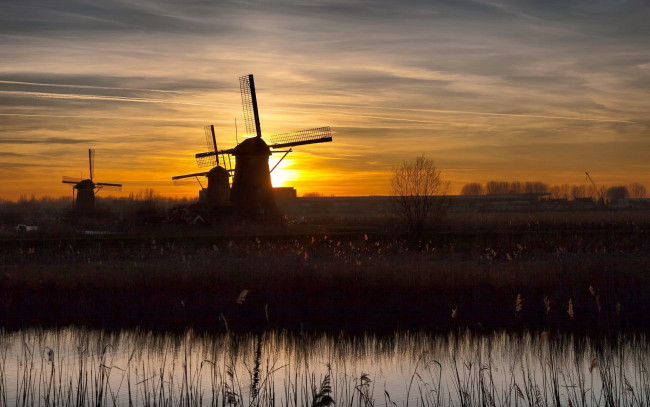 Обои картинки фото разное, мельницы, закат, водоем