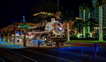 обоя техника, паровозы, гирлянда, фонарики, паровоз, город, ночь