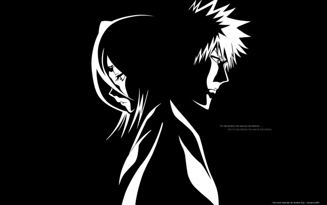 Обои картинки фото аниме, bleach, ичиго, блич, чёрно-белая, рукия, силуэты