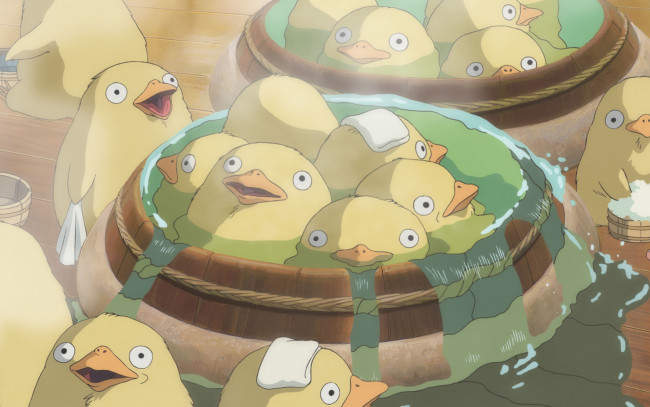 Обои картинки фото аниме, spirited away, утятки, spirited, away, существа, унесенные, призраками, купание