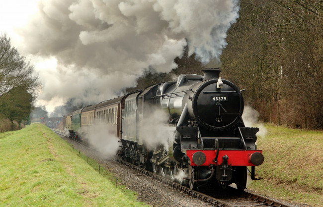 Обои картинки фото техника, паровозы, паровоз, вагоны, рельсы, железная, дорога, пассажирский, состав