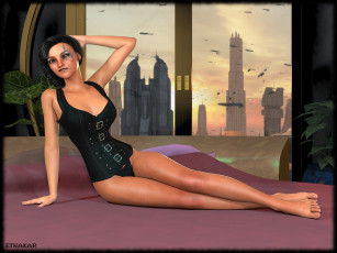 Картинка 3д+графика люди+ people город фон кровать окно взгляд девушка