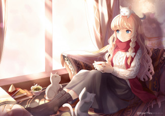 Картинка аниме touhou чашка окно kyuri kirisame marisa косы блондинка котята девушка 405966795