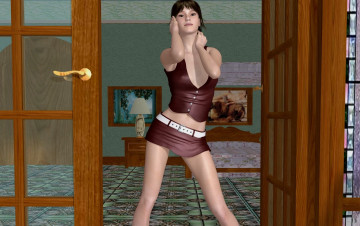 Картинка 3д+графика люди+ people фон светильник картины кровать взгляд дверь девушка