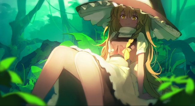 Обои картинки фото аниме, touhou, взгляд, jandy, природа, ноги, шляпа, девушка, арт, kirisame, marisa