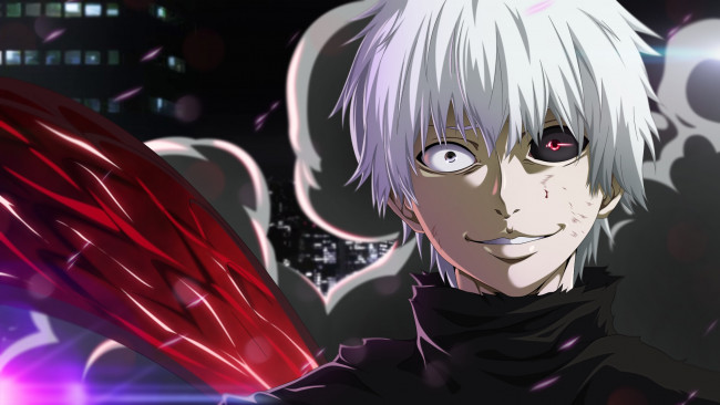 Обои картинки фото аниме, tokyo ghoul, взгляд, парень, улыбка, белые, волосы, глаза, лицо, ken, kaneki, tokyo, ghoul