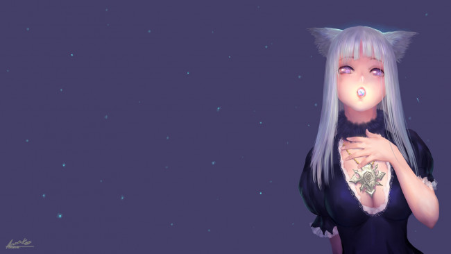 Обои картинки фото аниме, животные,  существа, арт, девушка, ariverkao, взгляд, фон, ушки, неко