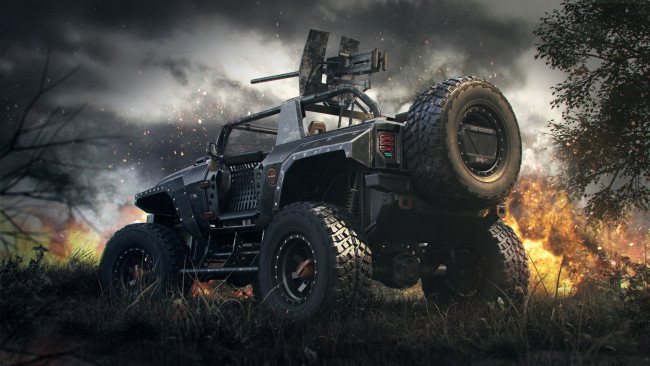 Обои картинки фото автомобили, hummer, off-road, fire, machine, rear, hx, war