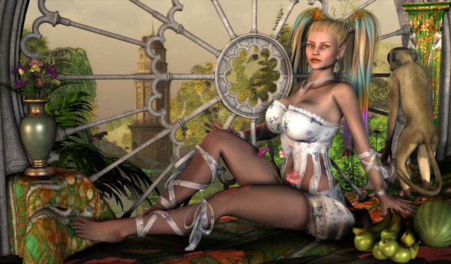 Обои картинки фото 3д графика, люди , people, взгляд, девушка, амфора, обезьяна, фрукты, фон