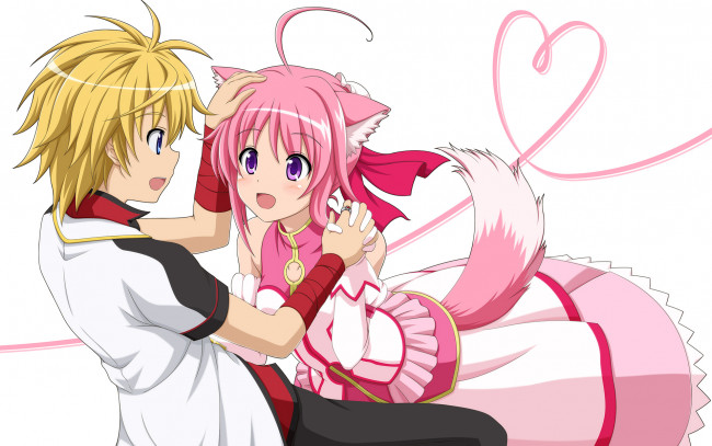 Обои картинки фото аниме, dog days, парень, shinku, izumi, девушка, shira-nyoro, dog, days, сердце, фон, millhiore, f, biscotti