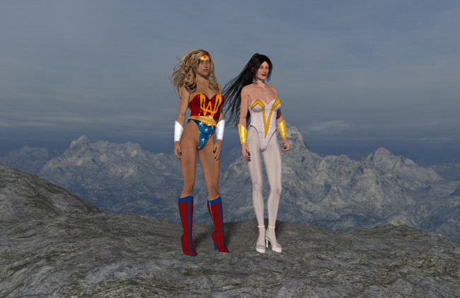 Обои картинки фото amazon arrow, 3д графика, фантазия , fantasy, девушки, взгляд, фон, горы