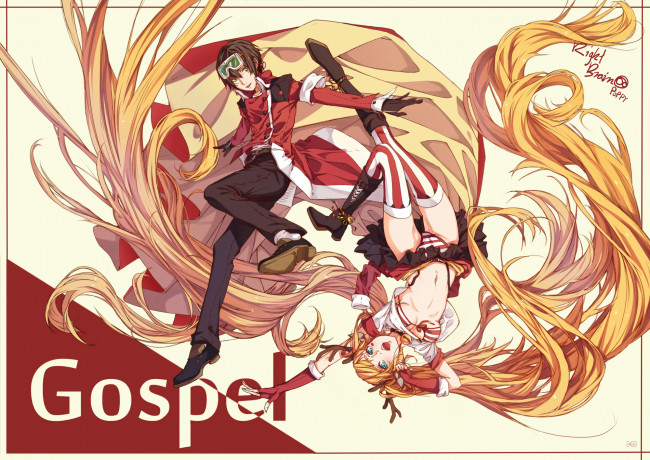 Обои картинки фото аниме, зима,  новый год,  рождество, блондинка, волосы, девушка, парень, арт, transistor, очки