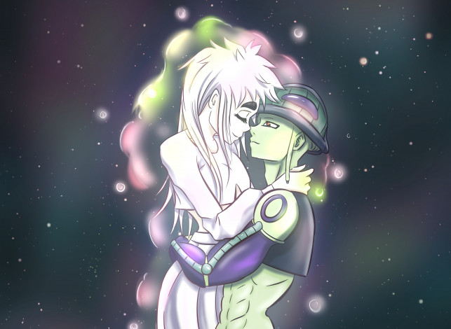 Обои картинки фото аниме, hunter x hunter, камуги, любовь, романтика, фан-арт, фон, меруэм, король