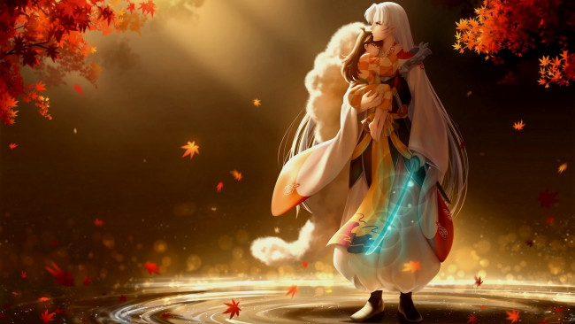 Обои картинки фото автор,  dine&rita, аниме, inuyasha, вода, демон, сешоумару, меч, тенсейга, осень, рин