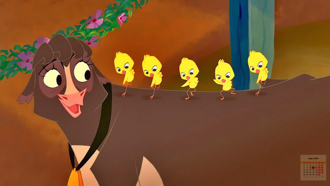 Обои картинки фото календари, кино,  мультфильмы, 2018, корова, цыпленок, танец, взгляд