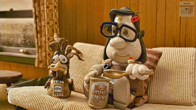 Обои картинки фото календари, кино,  мультфильмы, девочка, 2018, взгляд, очки, петух, банка