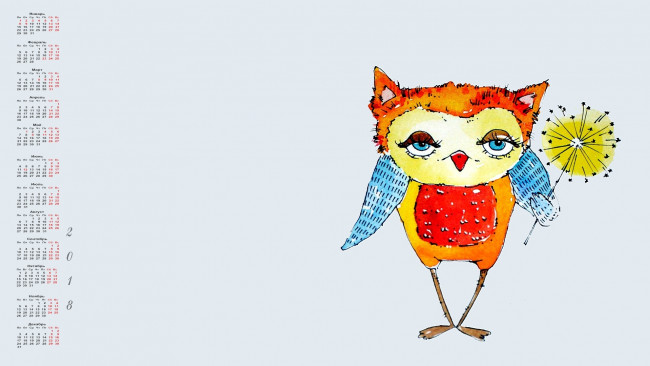 Обои картинки фото календари, рисованные,  векторная графика, 2018, сова, цветок, взгляд, одуванчик