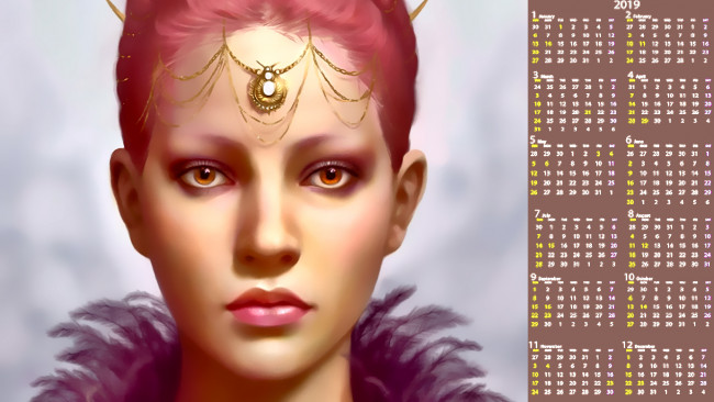 Обои картинки фото календари, фэнтези, девушка, лицо, взгляд, украшение
