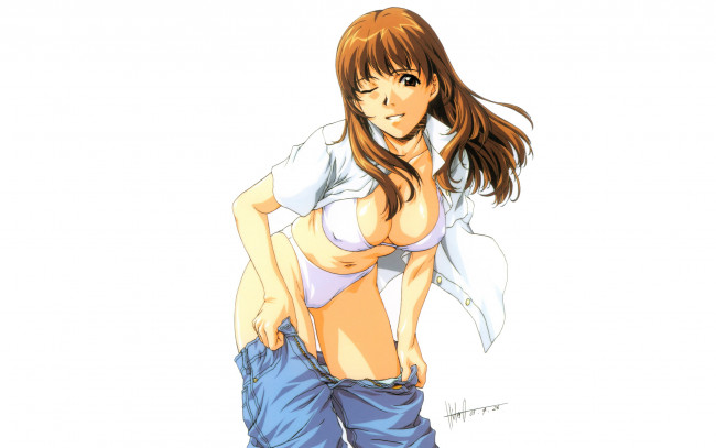 Обои картинки фото аниме, unknown,  другое , джинсы, белье, девушка, рубашка
