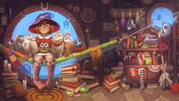 Картинка ведьма+с+40+совами рисованное -+другое книги шляпа сова очки ведьма