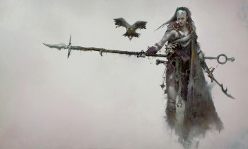 Картинка фэнтези девушки ворон копьё униформа девушка фон