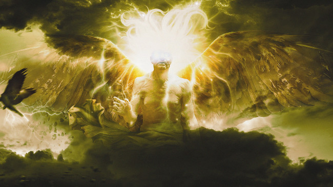 Обои картинки фото фэнтези, ангелы, ангел, ворон, крылья