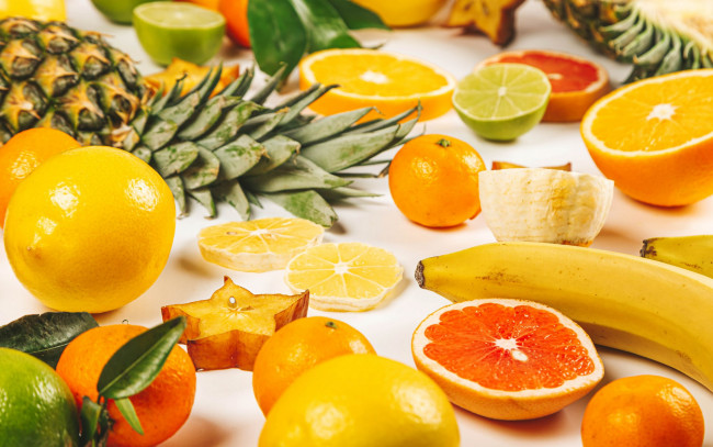 Обои картинки фото еда, фрукты,  ягоды, ананас, банан, цитрусы