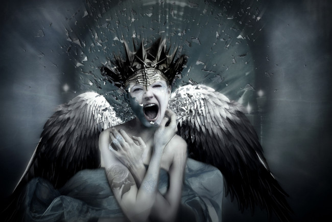 Обои картинки фото разное, компьютерный дизайн, девушка, фон, крик, крылья