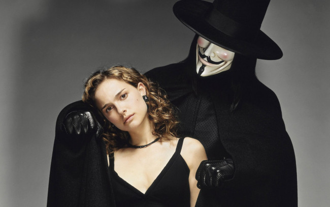 Обои картинки фото кино фильмы, v for vendetta, девушка, мужчина, маска, плащ