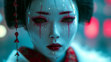 Картинка 3д+графика портрет+ portraits нейросети графика нейроарт ai art нейронные сети рисунки нейро искусство нейрографика graphics neuroart neural networks drawings neuro neurography лицо гейша азиатка макияж