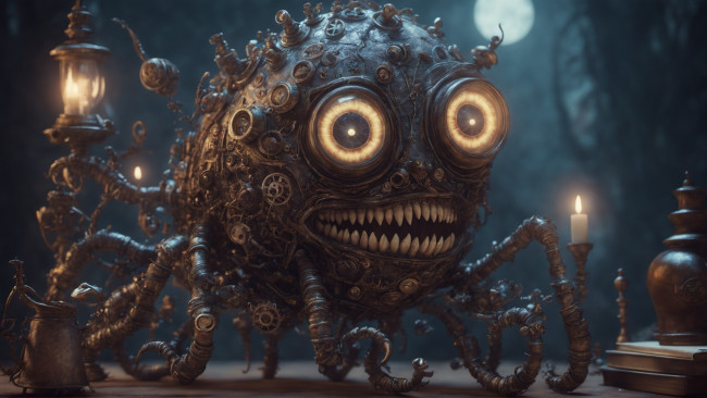 Обои картинки фото 3д графика, существа , creatures, нейросети, графика, нейроарт, ai, art, нейронные, сети, рисунки, нейро, искусство, нейрографика, graphics, neuroart, neural, networks, drawings, neuro, neurography, механическое, существо, острые, зубы, фантастика, свеча