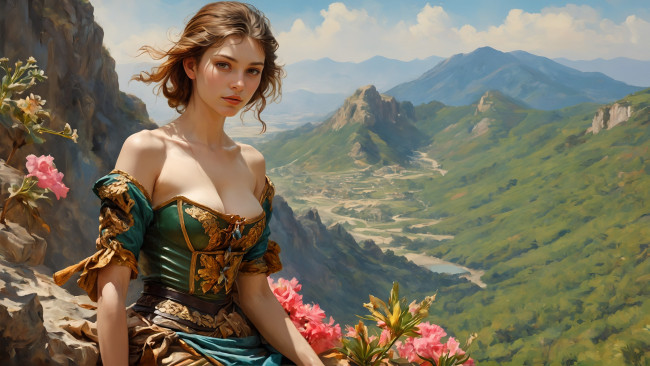 Обои картинки фото фэнтези, девушки, нейросети, графика, нейроарт, ai, art, нейронные, сети, рисунки, нейро, искусство, нейрографика, graphics, neuroart, neural, networks, drawings, neuro, neurography, красивая, девушка, сидит, в, цветах, на, фоне, горного, пейзажа