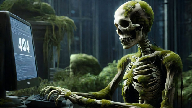 Обои картинки фото 3д графика, ужас , horror, нейросети, графика, нейроарт, ai, art, нейронные, сети, рисунки, нейро, искусство, нейрографика, graphics, neuroart, neural, networks, drawings, neuro, neurography, скелет, череп, компьютер, ошибка, 404, кости, монитор