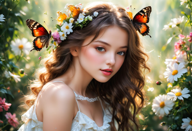 Обои картинки фото 3д графика, портрет , portraits, нейросети, графика, нейроарт, ai, art, нейронные, сети, рисунки, нейро, искусство, нейрографика, graphics, neuroart, neural, networks, drawings, neuro, neurography, красивая, девушка, бабочки, цветы, венок, сказочная, атмосфера
