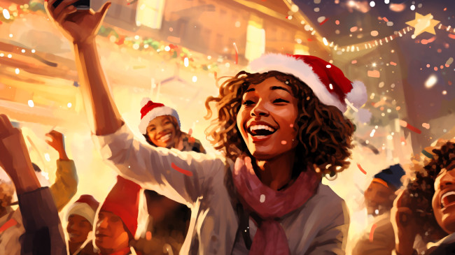 Обои картинки фото рисованное, праздники, праздник, люди, новый, год, гирлянды